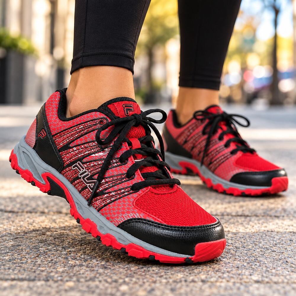 FILA Women’s Trail Running Shoes Red Black Gray Lace-Up Sneakers US 7